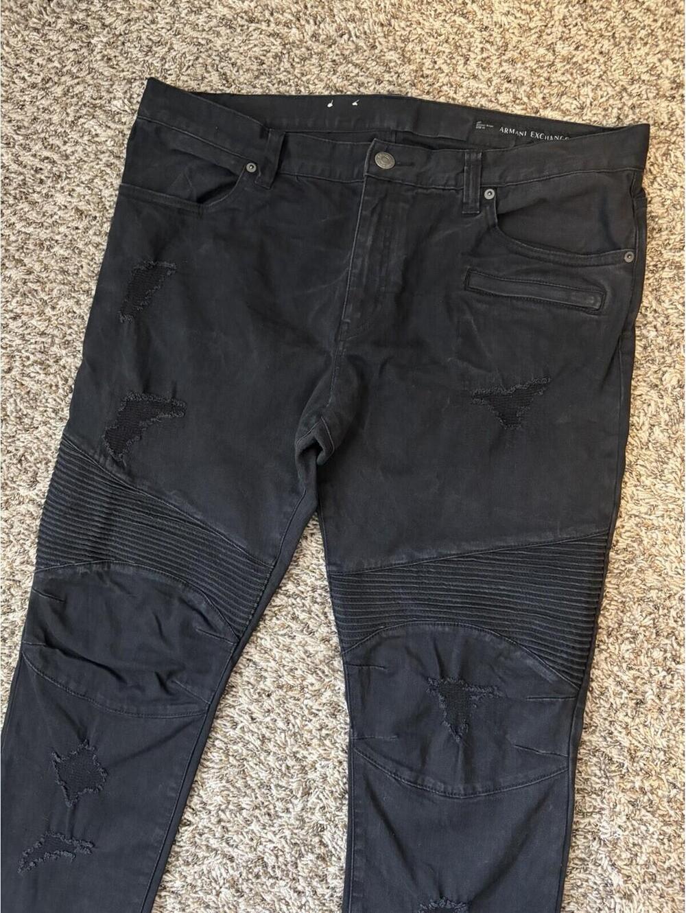 Armani Exchange Men’s Jeans J27 Skinny Biker Black Distressed Moto Size 40x32 - Picture 6 of 13